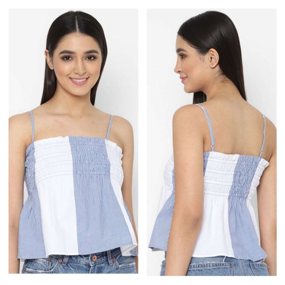American Eagle Outfitters Blue and White Striped Smocked Tank Top